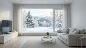 雪景色を望む、静けさに満ちた白を基調としたミニマリストリビング。心を落ち着ける壁紙に最適です。 — 白い美学 壁紙