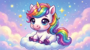 ふわふわの雲の上に座る、魔法のようなかわいいユニコーン。 — カワイイ 壁紙