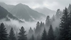 霧と松の木が織りなす、静かなモノクロームの山の風景 — グレー系 壁紙