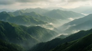 霧に包まれた幾重にも重なる緑の丘陵が、壮大さと静けさを感じさせます。 — グリーン エステティック GIF 壁紙