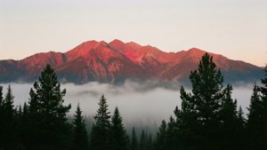 霧に包まれた赤い山と松の木のシルエットが描かれた、静かな夜明けの風景