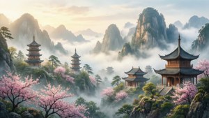 水墨画風の静かな中国の山景色、塔と桜が描かれています — 中国 壁紙