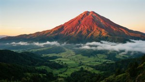 霧に包まれた緑の谷の上にそびえる赤い山々の、静かな朝の景色。