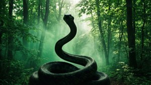 蛇のシルエットが描かれたエメラルドの森で、自然を感じさせるスリザリン風の美しさ。 — スリザリン 美的 壁紙