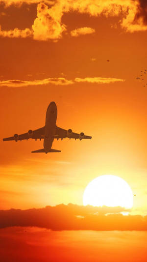 飛行機と夕焼けのシルエット Android壁紙