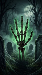 緑色に光る霧の中、墓から現れる骸骨の手 — ハロウィンの美学 壁紙