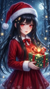雪の森で光る贈り物を抱えたサンタ衣装のアニメ少女