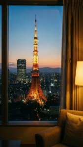 居心地の良い部屋から見える東京タワーの夕暮れ — 日本 壁紙