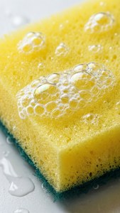 黄色いスポンジに石鹸の泡と水滴がついたマクロ接写。