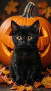 光る目をしたかわいい黒猫が、カボチャと葉っぱのそばにいる様子